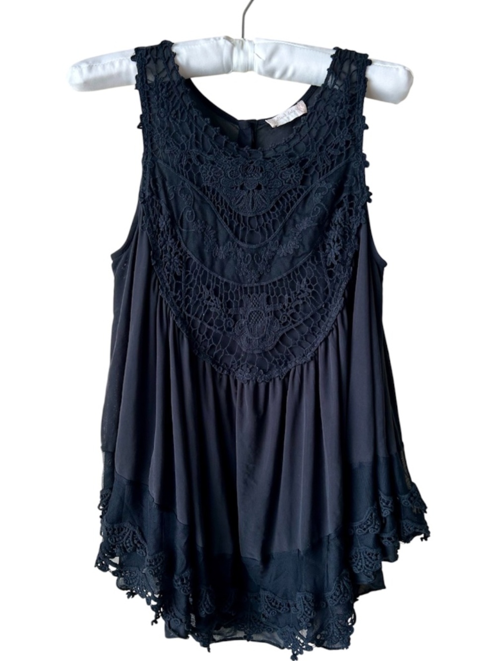 Altar'd State Black Tank Top Crochet Layer Sheer Button Back Accent Hem Small